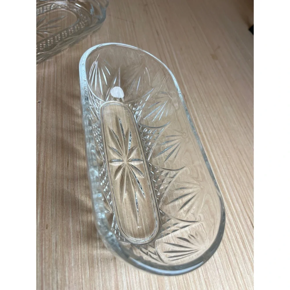 Vintage Clear Pressed Glass Butter Dish w/Lid Starburst Diamond Pattern USA MCM